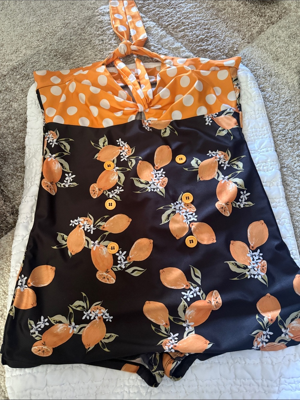 Polka Dot & Citrus Halter One-Piece Swimsuit — Orange/Black